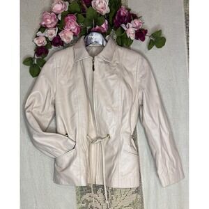 Elan Furs Leather Jacket Womens Small Beige Asymmetrical Zip Drawstring Waist